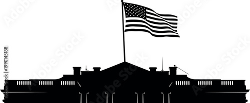 Silhouette of the white house with a prominently displayed american flag waving in the breeze symbolizing national pride