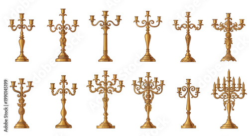 Collection of Vintage Golden Candelabras, Ornate Candle Holders, Decorative Table Centerpieces