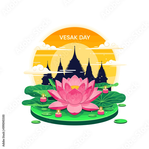 Pink lotus flower blooming on green lily pad with temple silhouette for vesak day