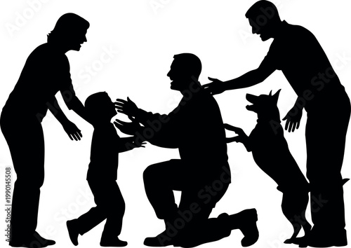 A silhouetted family moment a proposal with children and a loyal dog witnessing the special occasion