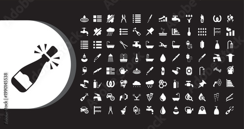A collection of various icons and symbols on a black background with a white circle