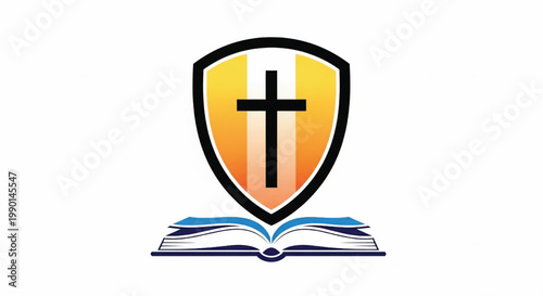 Shield logo with cross and open book emblem for Christian church and education branding design featuring bible, faith, religion with theology and