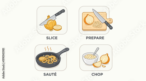 Cooking Onions Step by Step Process with Slicing Preparing Sauting and Chopping.