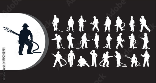 A collection of firefighter silhouettes in various poses and actions on a black background