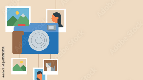 Digital Camera with Instant Photos Hanging Around It.