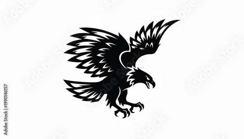 Eagle head silhouette logo with sharp wings and stylized beak for sports team mascot design featuring talons, hawk style, wildlife icon with vector