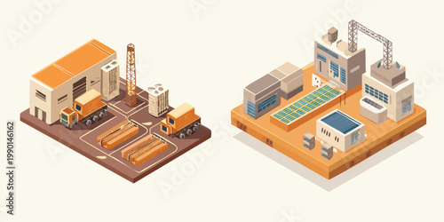 Isometric illustrations of modern industrial facilities. Features a logistics hub with trucks and a production plant with machinery and integrated solar panels