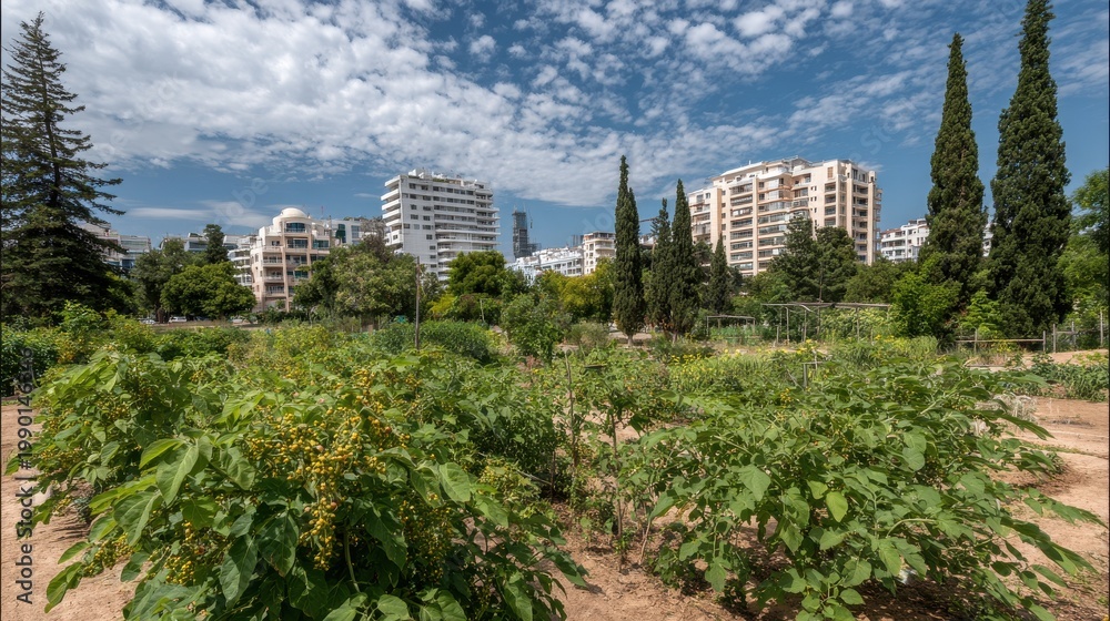 Fototapeta premium Flourishing Community Garden Amidst Urban Buildings