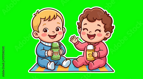 Two adorable babies smiling and holding bottles, happy and content.