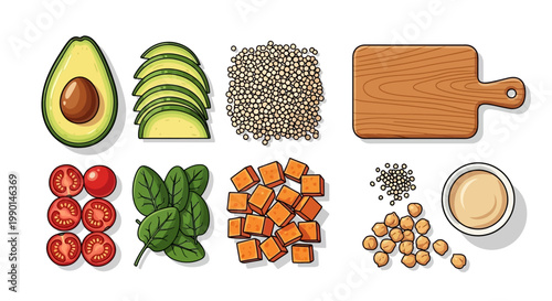 Vegan ingredients for healthy eating avocado tomatoes spinach sweet potatoes chickpeas