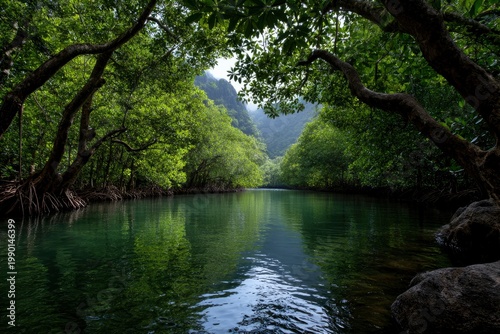 Serene river landscape with lush greenery.