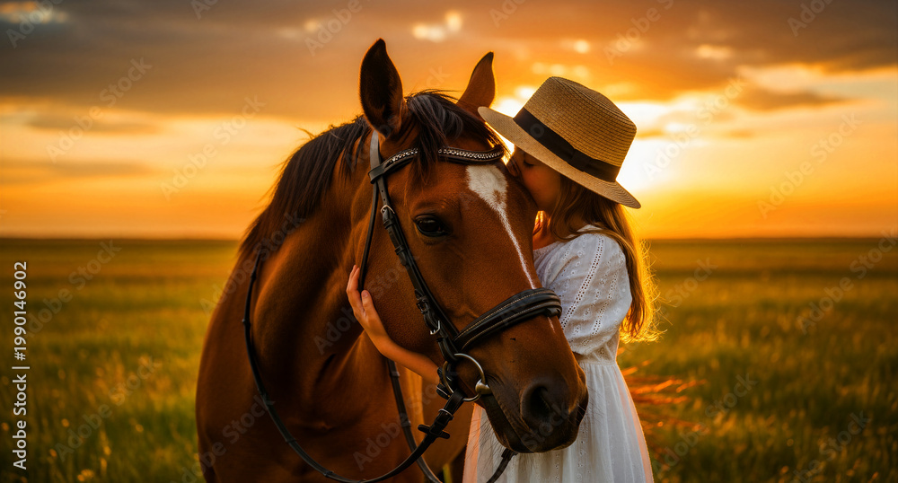 Obraz premium Young girl in straw hat hugging a brown horse during a golden hour sunset. Child bonding with animal friend in a meadow field. Friendship concept for lifestyle and equestrian marketing.