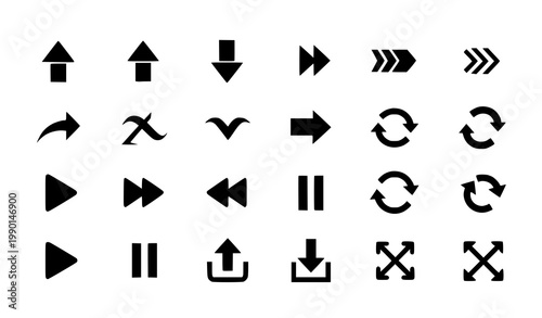 Black arrow icon set with navigation UI symbols and directional pointers in flat minimal vector style