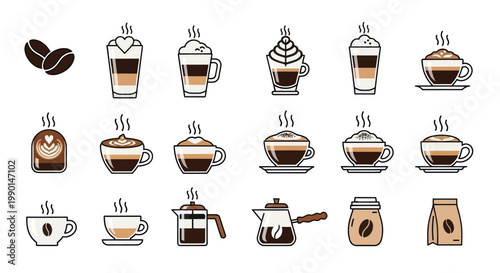 Coffee Drink Icons: Espresso, Latte, Cappuccino, French Press, Beans, Bags - Vector Set