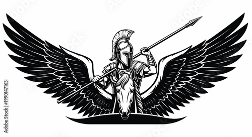 Knight angel warrior with black wings holding a spear, detailed line art emblem for fantasy and gaming themes