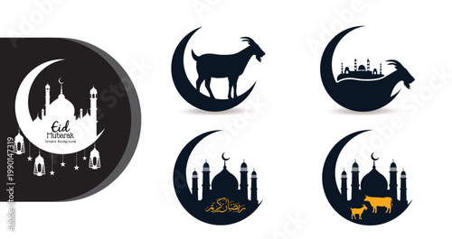 A collection of Eid al-Adha themed silhouettes featuring crescent moons and mosques