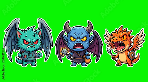 Three Cartoon Monsters with Wings and Angry Expressions on Green Background.