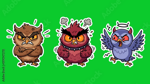 Three Cartoon Owls with Angry and Annoyed Expressions on Green Background.