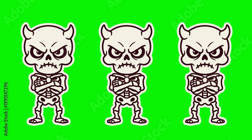 Three Cartoon Skeletons with Horns and Angry Expressions on Green Background.