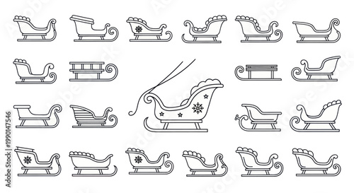 Christmas Sleigh Collection: Diverse Vintage and Modern Designs, Line Art Icons