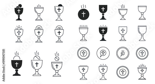 Christian Communion Chalice Icons Collection: Holy Sacrament Symbols, Religious Design Elements