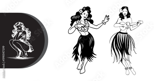 A black and white illustration of three hula dancers in various poses