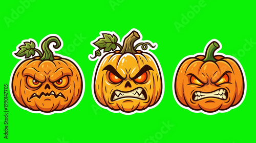 Three Spooky Carved Pumpkins with Angry Faces for Halloween.