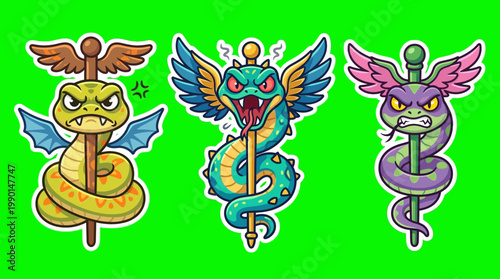 Three Colorful Cartoon Caduceus Symbols on Green Background.