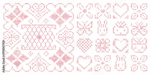 Intricate red cross stitch pattern featuring hearts and geometric shapes