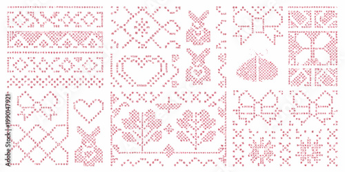 A collection of red cross stitch patterns forming various shapes and motifs