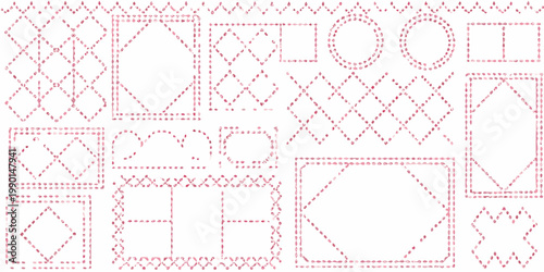 Abstract arrangement of dotted geometric shapes in shades of red