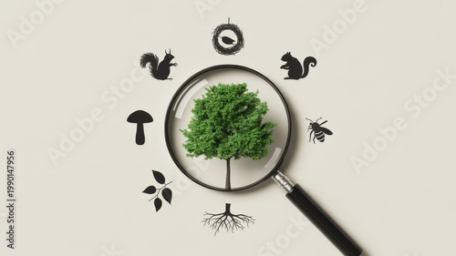 A magnifying glass focuses on a tree surrounded by various forest elements.