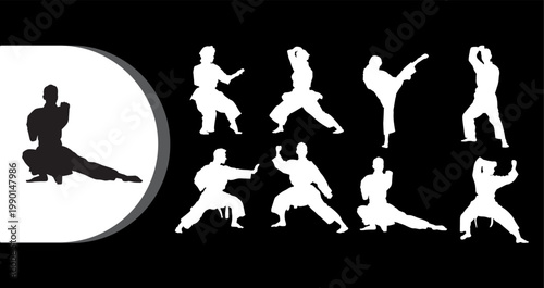 A collection of martial arts silhouettes in various fighting stances on a black background
