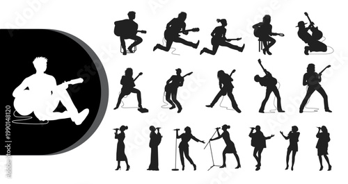 A collection of black and white silhouettes of musicians performing with various instruments.