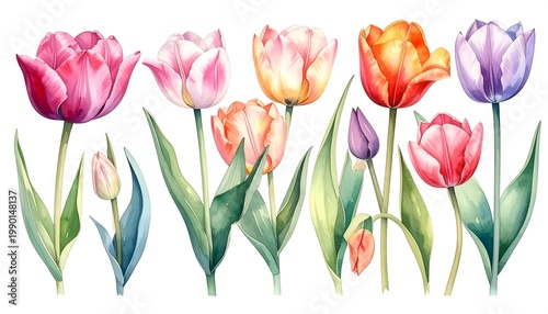A vibrant floral arrangement featuring tulips in various colors