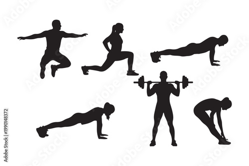 set of six Fitness workout black silhouette on white background