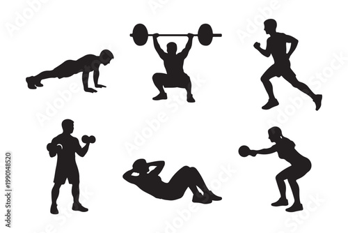 set of six Fitness workout black silhouette on white background