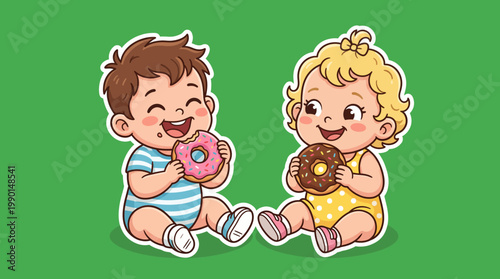 Two adorable babies happily eating donuts, enjoying sweet treats together.