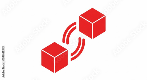 Cube icons with red wireless signal arcs showing data transfer between two boxes featuring box, package, network with communication and