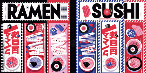 Bold graphic illustration featuring ramen and sushi with japanese text elements