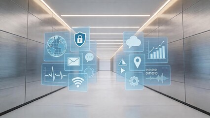 Future digital network concept blue hologram icons floating in metallic corridor with cloud computing security data analytics social media and internet connectivity interface