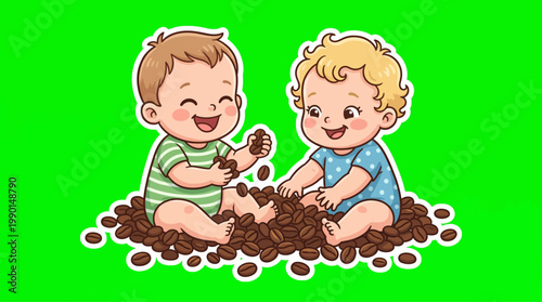 Two adorable babies playing with coffee beans, smiling happily together.