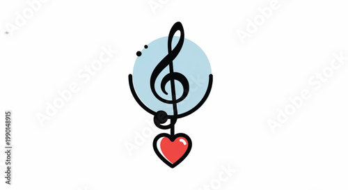 Music note icon with blue circle background and red heart emblem, stylized vector design for love and harmony