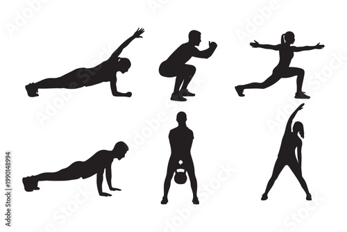 Set of fitness workout silhouettes with men and women exercising.