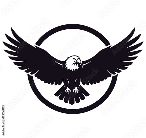 Black eagle spreading wings in circle symbol  strong animal representation