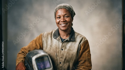 Black woman welder smiling while holding welding helmet in studio  