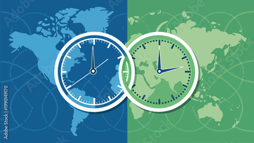 A vector graphic illustration of two clocks on a world map background