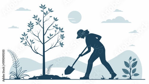A person planting a tree in a serene natural environment with a shovel