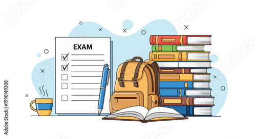 School exam preparation and academic testing concept with a backpack, stacks of books, a cup of coffee, and a graded questionnaire sheet.