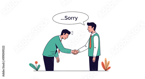 Business apology and professional reconciliation concept showing two men in suits shaking hands with a sorry message in a speech bubble.